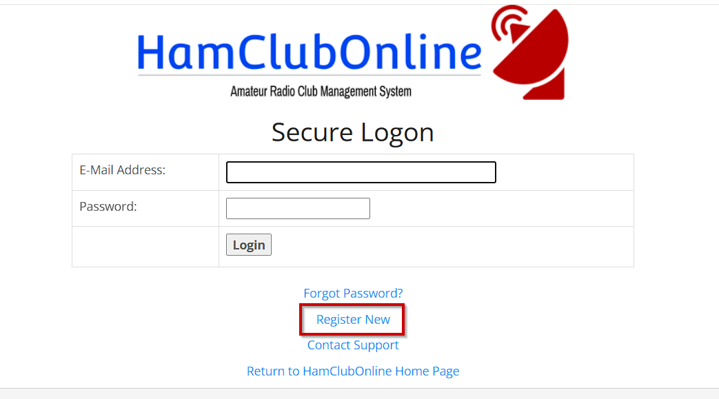 HamClubOnline registration screen